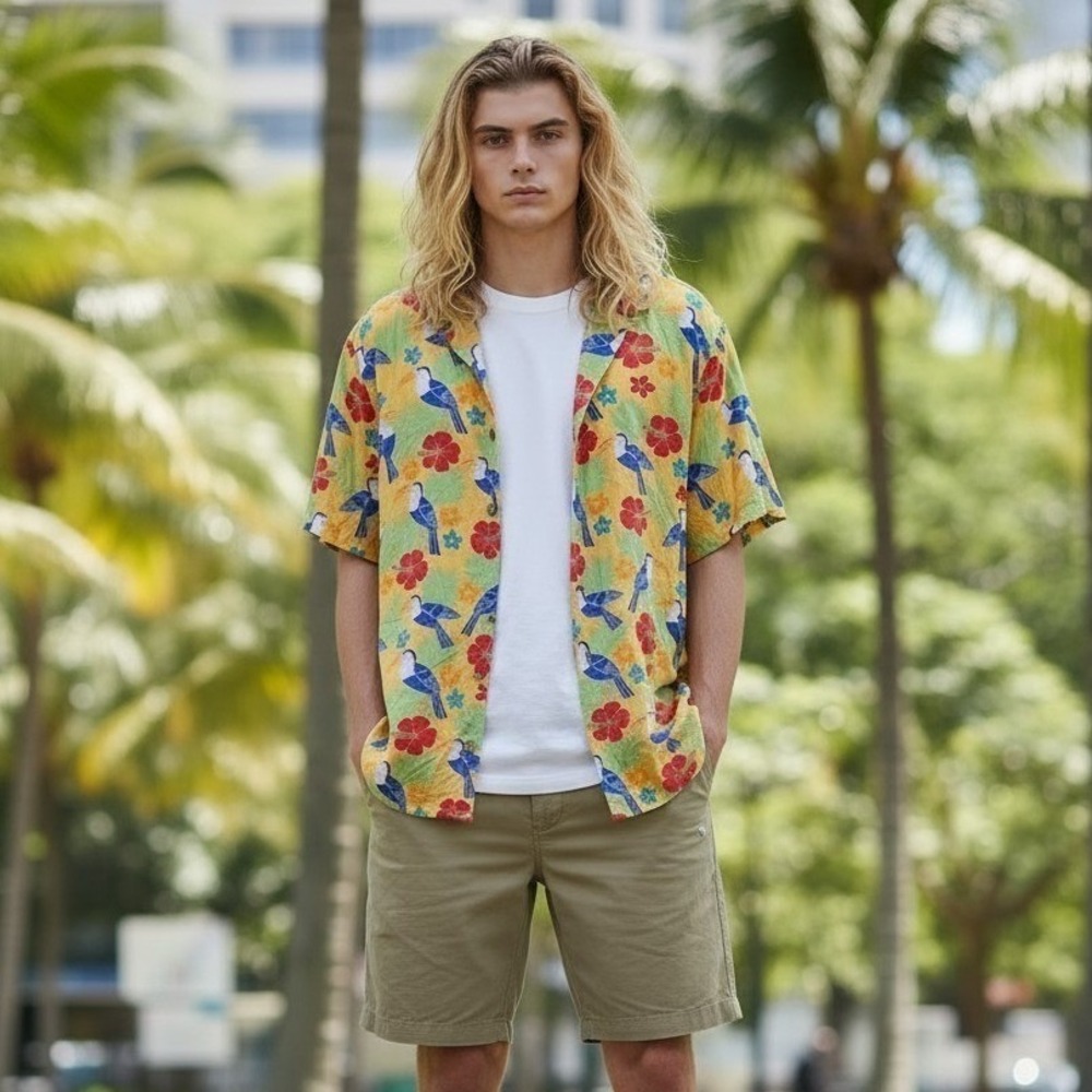 Catalina Mens Tropical Toucan Hibiscus Rayon Hawaiian Camp Shirt Yellow Large